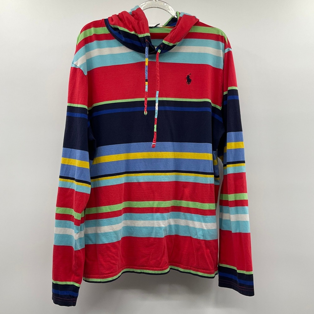 Polo Ralph Lauren Hooded Shirt Men L Stripe Skater Grungecore Preppy Y2K Hip Hop